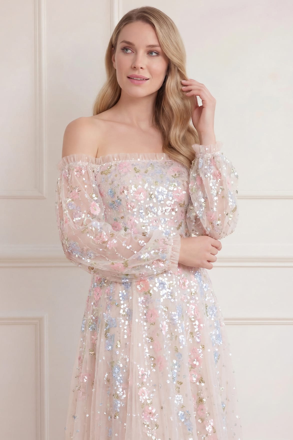 Needle & Thread Confetti Gloss Off-Shoulder Ballerina sukienka kremowa