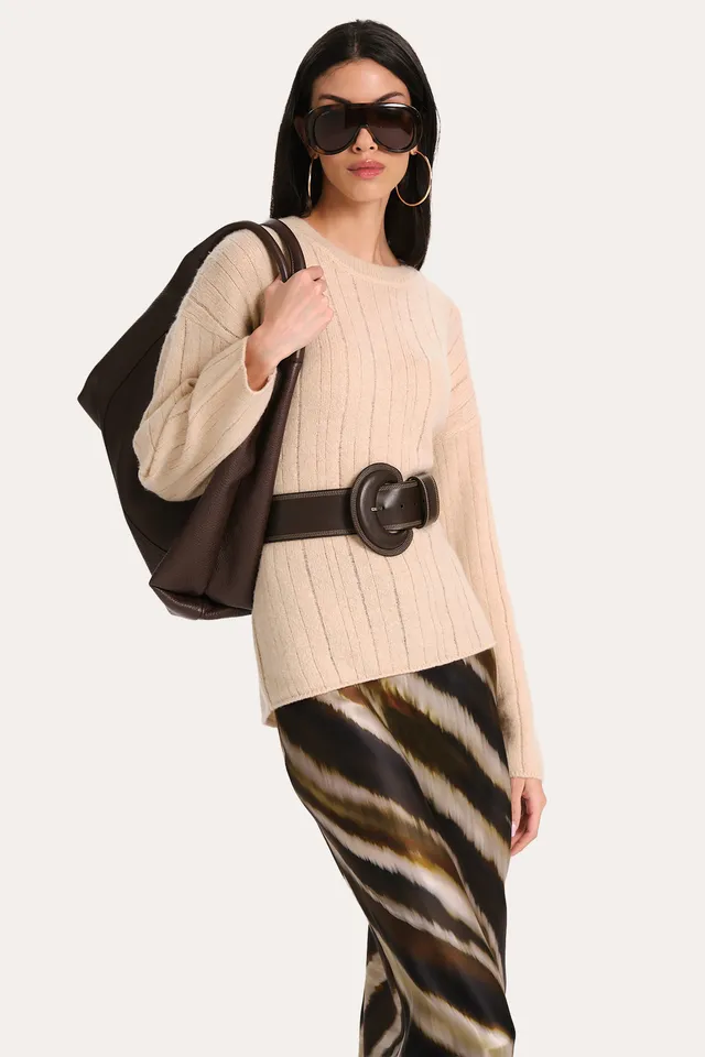 Elie Tahari Round Buckle pasek Brown skórzany