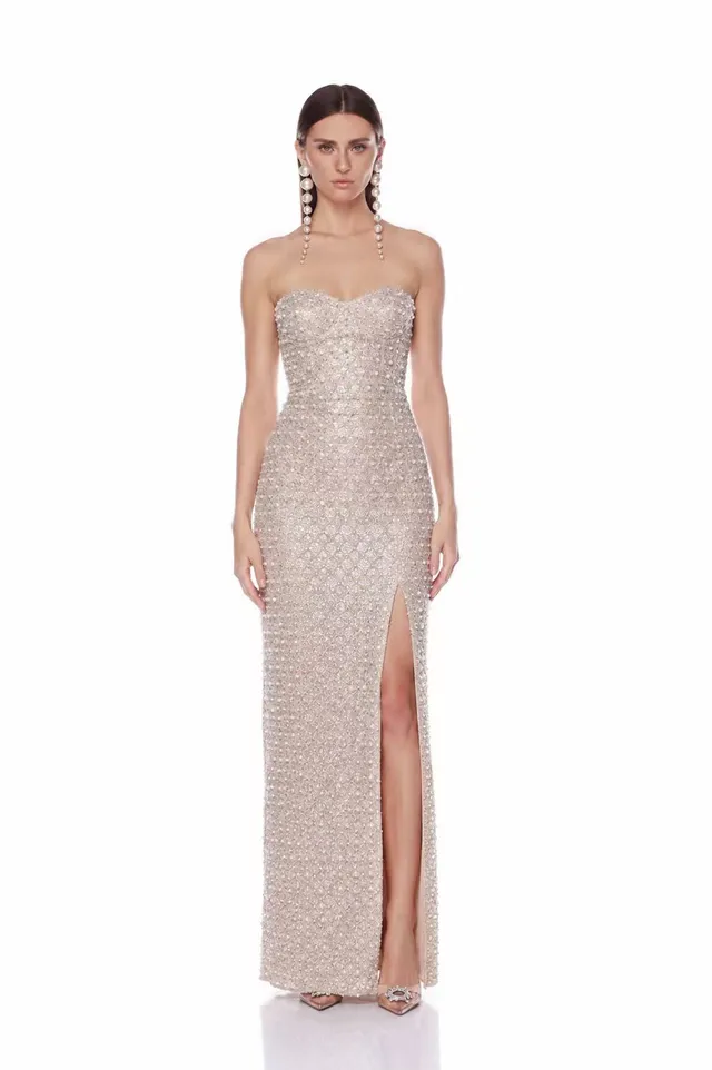 Bronx and Banco Allegra Pearl sukienka maxi srebrna z cekinami