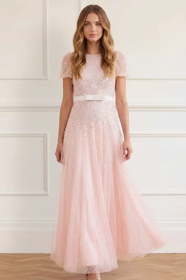 Needle & Thread Sequin Cascade Bow Short Sleeve sukienka różowa cekinowa
