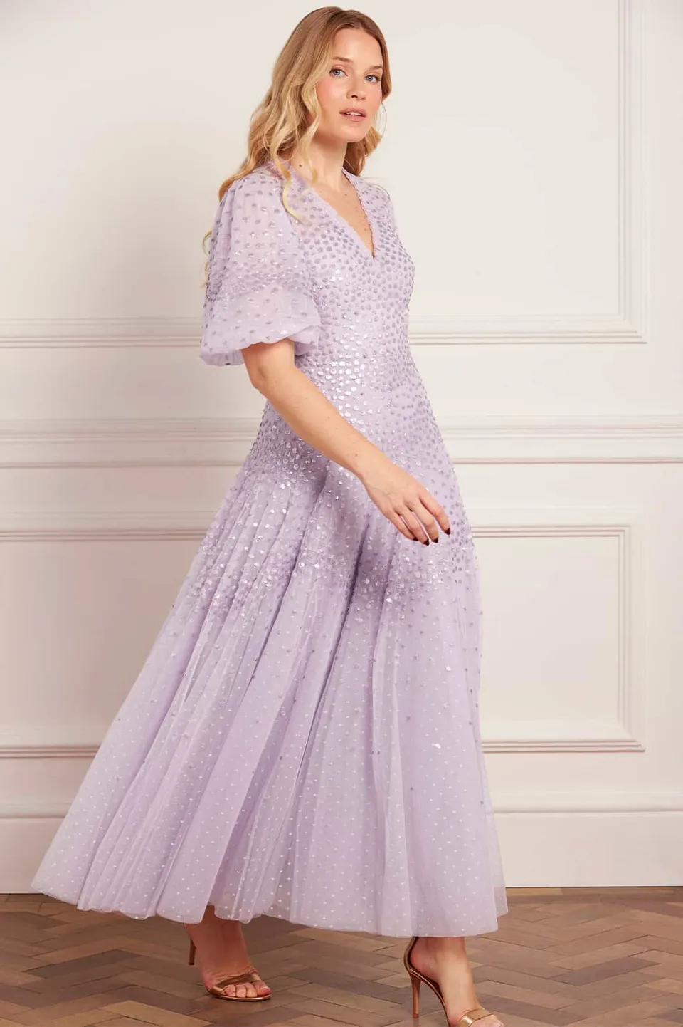 Needle & Thread Scallop Sequin V-Neck sukienka fioletowa