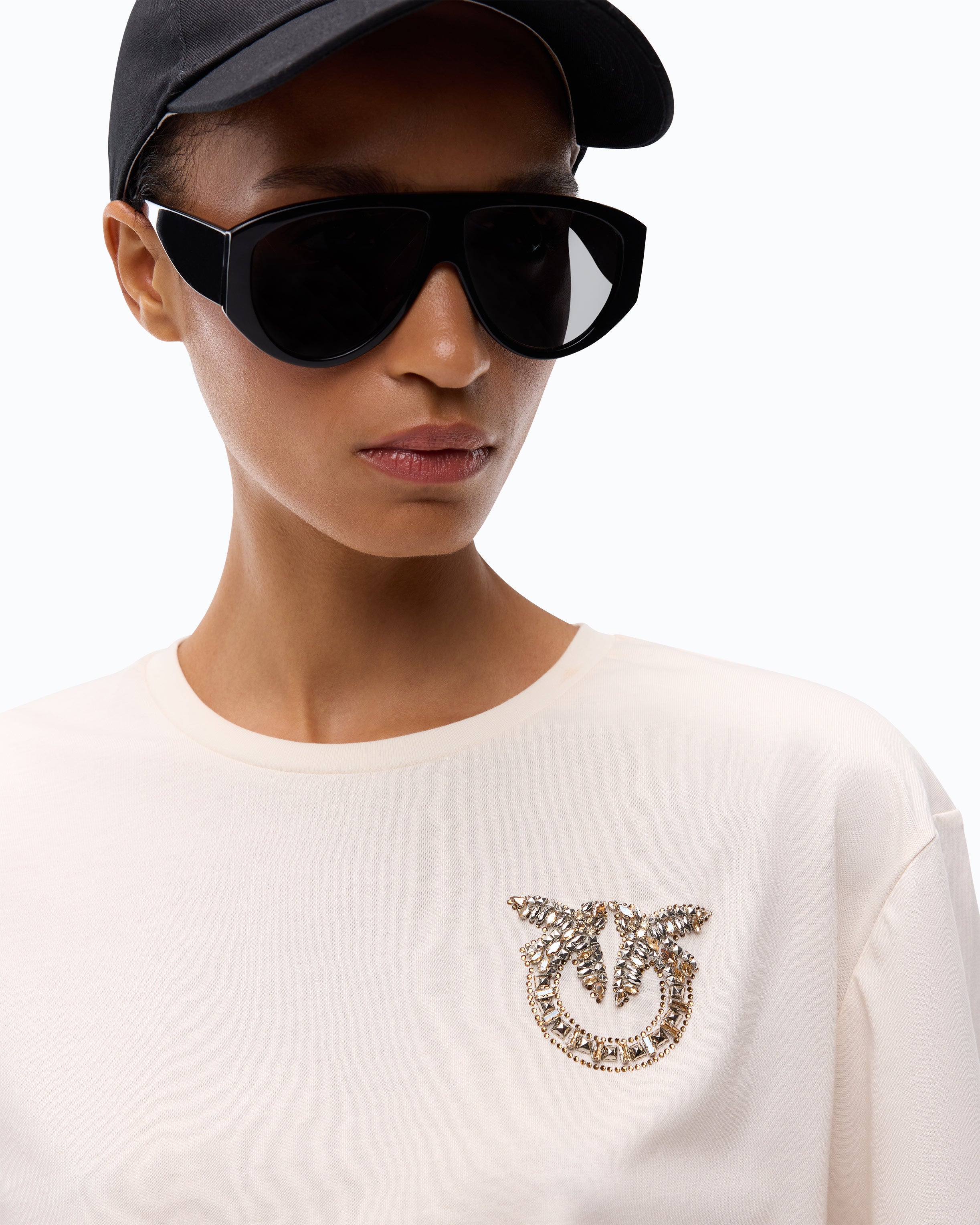 Pinko Strepitoso t-shirt damski beżowy kryształki