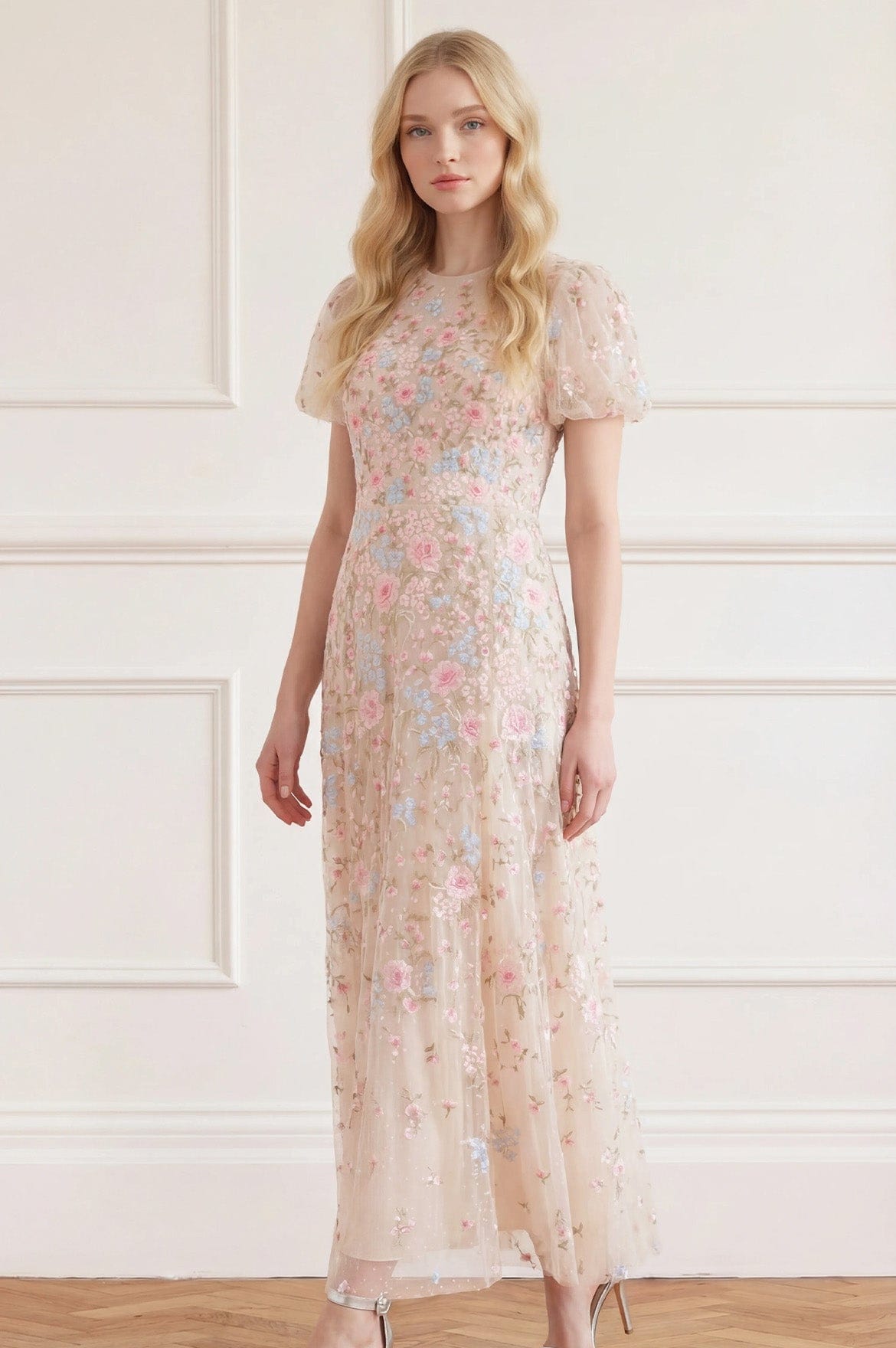 Needle & Thread Peony Bouquet Round Neck Ankle Gown sukienka kremowa