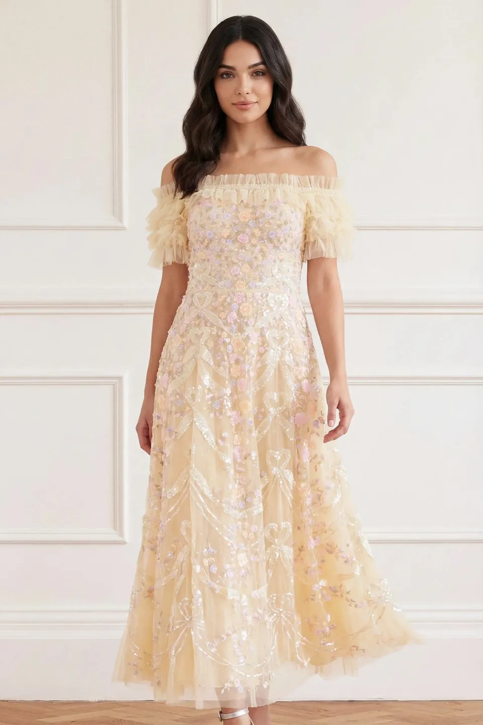 Needle & Thread Ribbon Heart Gown sukienka żółta hiszpanka