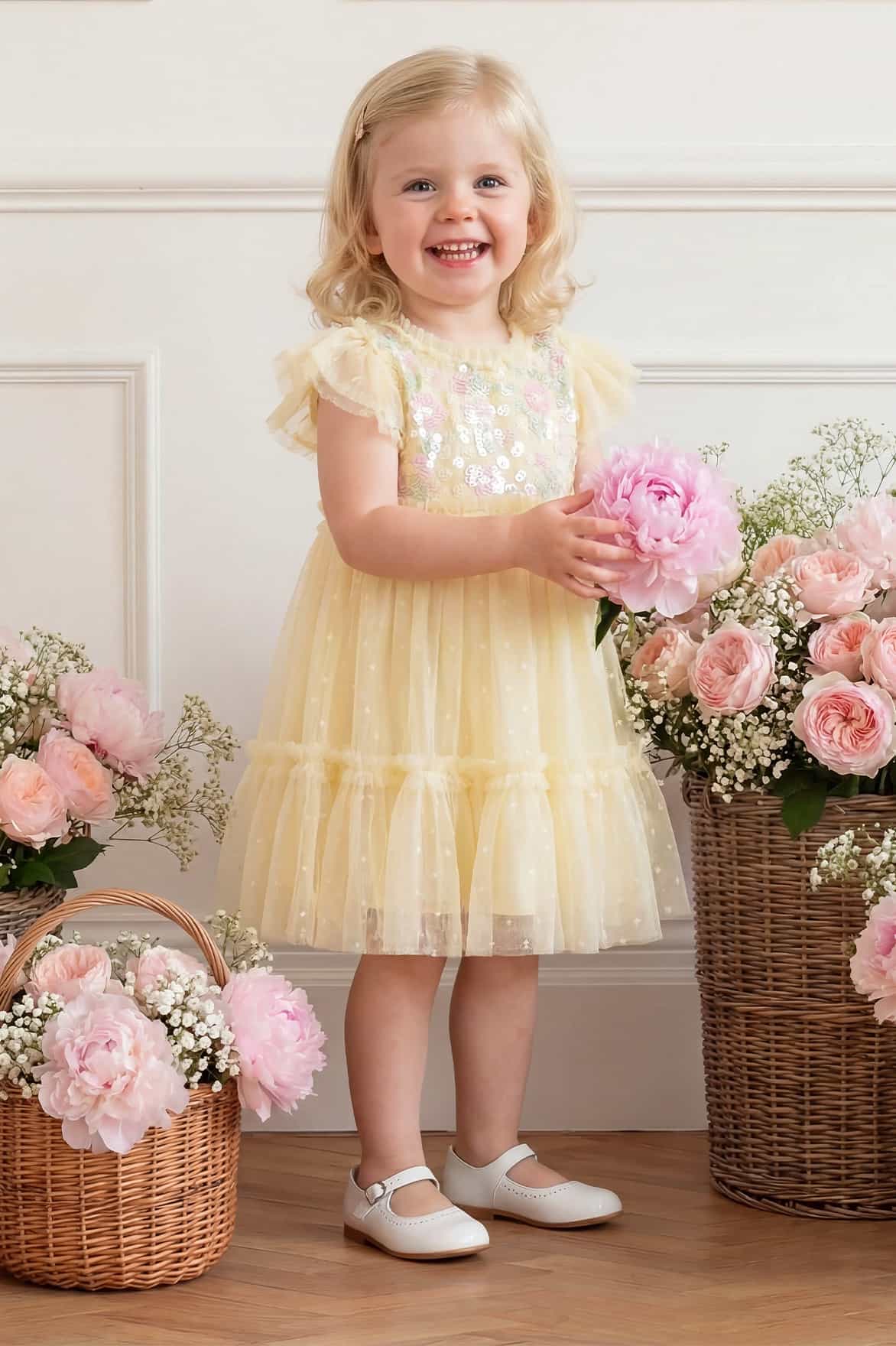 Needle & Thread Confetti Bodice Baby Dress sukienka żółta cekinowa