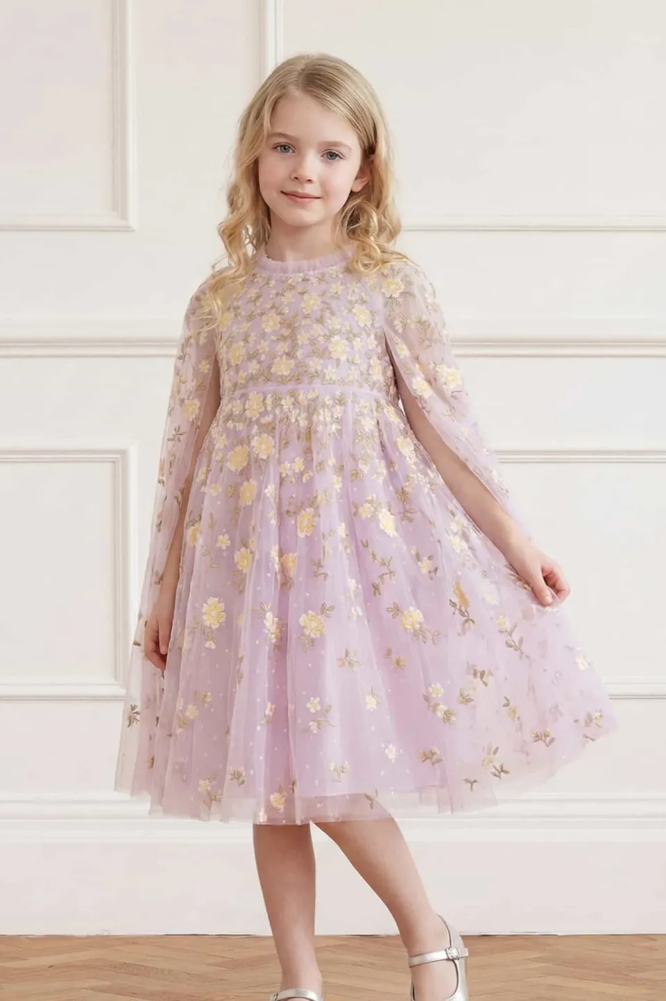 Needle & Thread Lea Ditsy Cape Kids Dress sukienka fioletowa haft