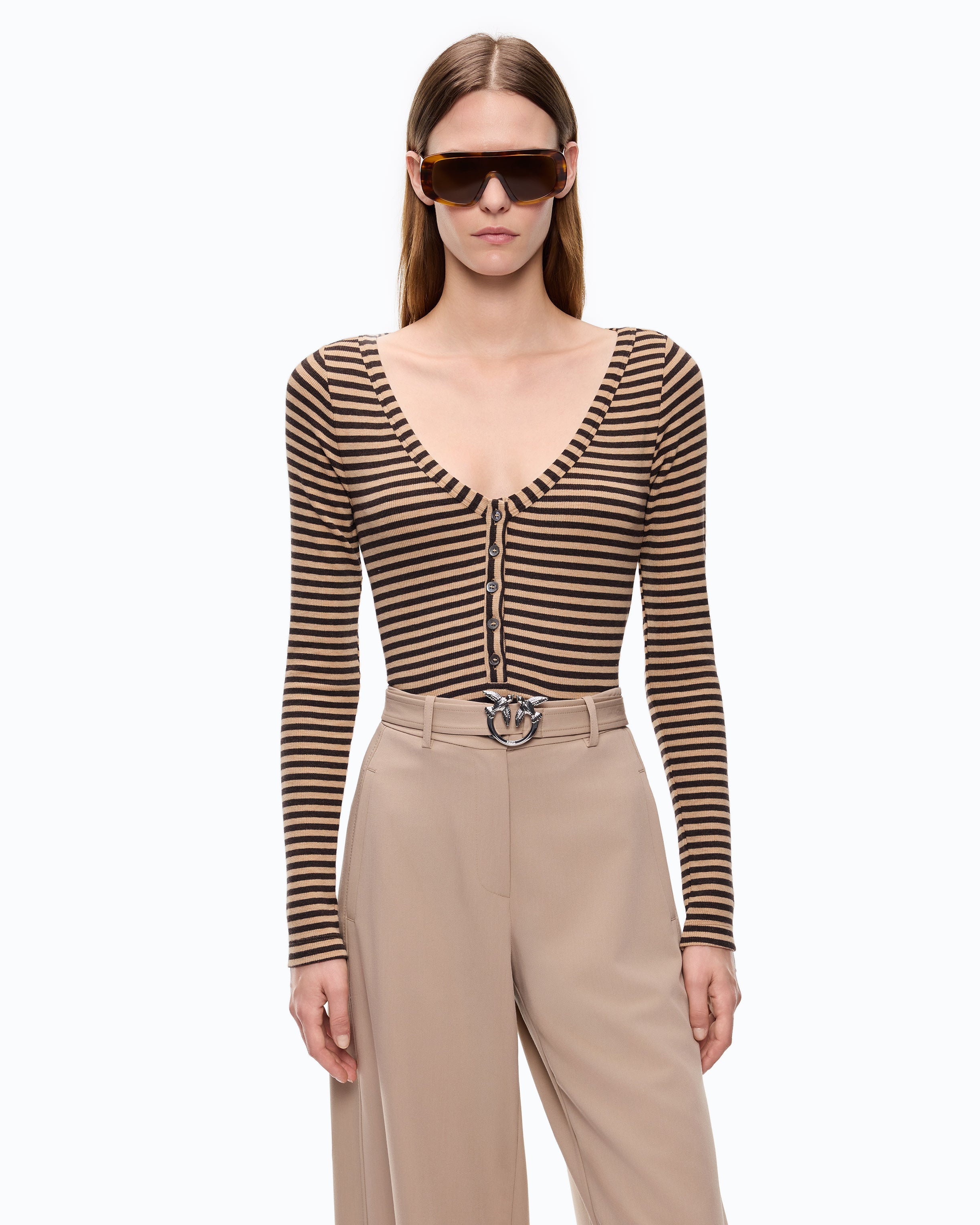 Pinko Sedum Serafino sweter beżowy w paski wełniany