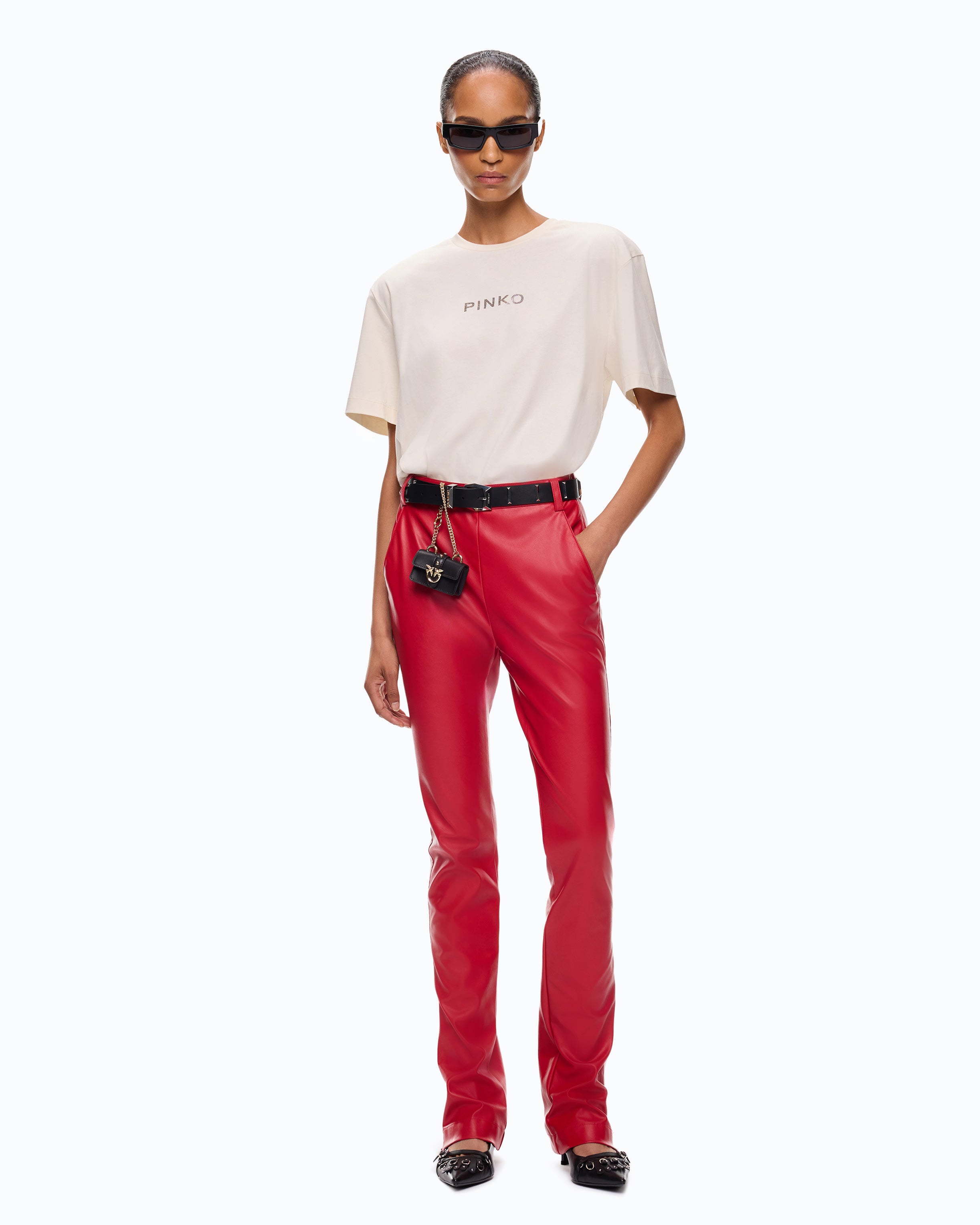 Pinko Strepitoso Too Glam T-shirt beżowy z kryształkami