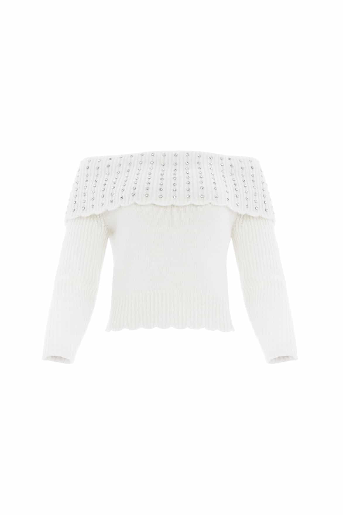 Needle & Thread Embellished Bardot Jumper sweter kremowy alpaka