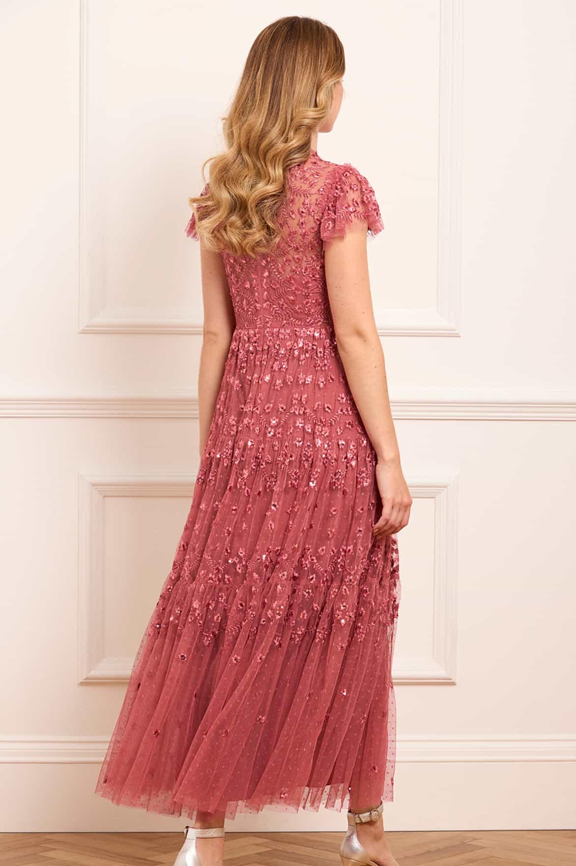 Needle & Thread Clover Short Sleeve Ankle Gown bordowa