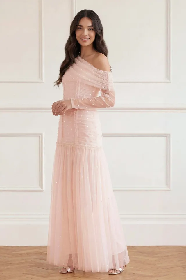 Needle & Thread Gigi Dot Rouched Gown suknia różowa