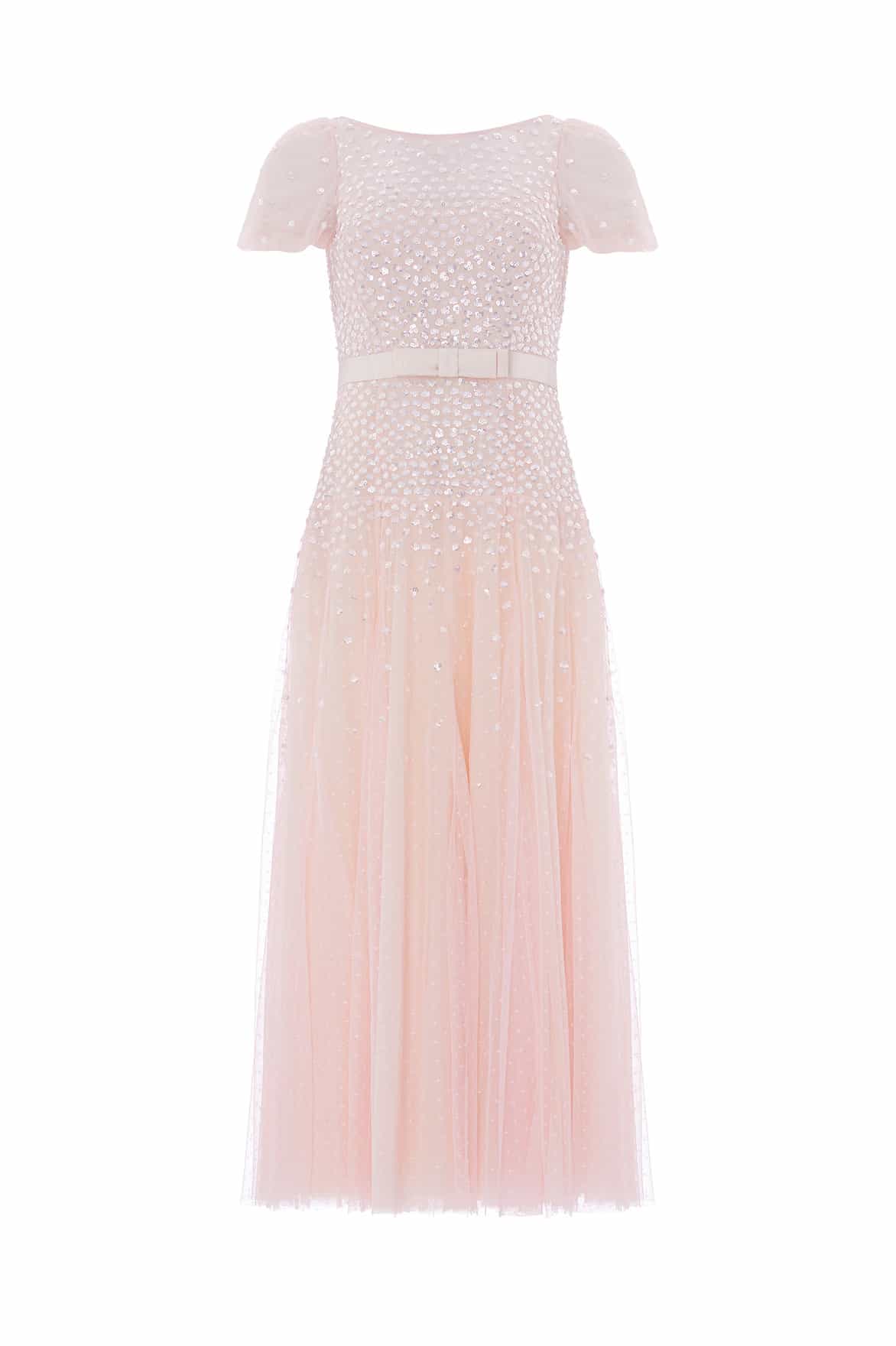 Needle & Thread Sequin Cascade Bow Short Sleeve sukienka różowa cekinowa