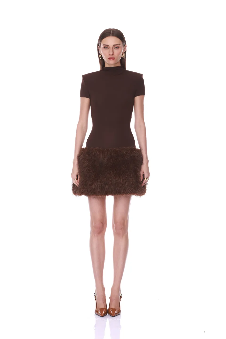 Bronx and Banco Faux Fur Trim sukienka mini brązowa