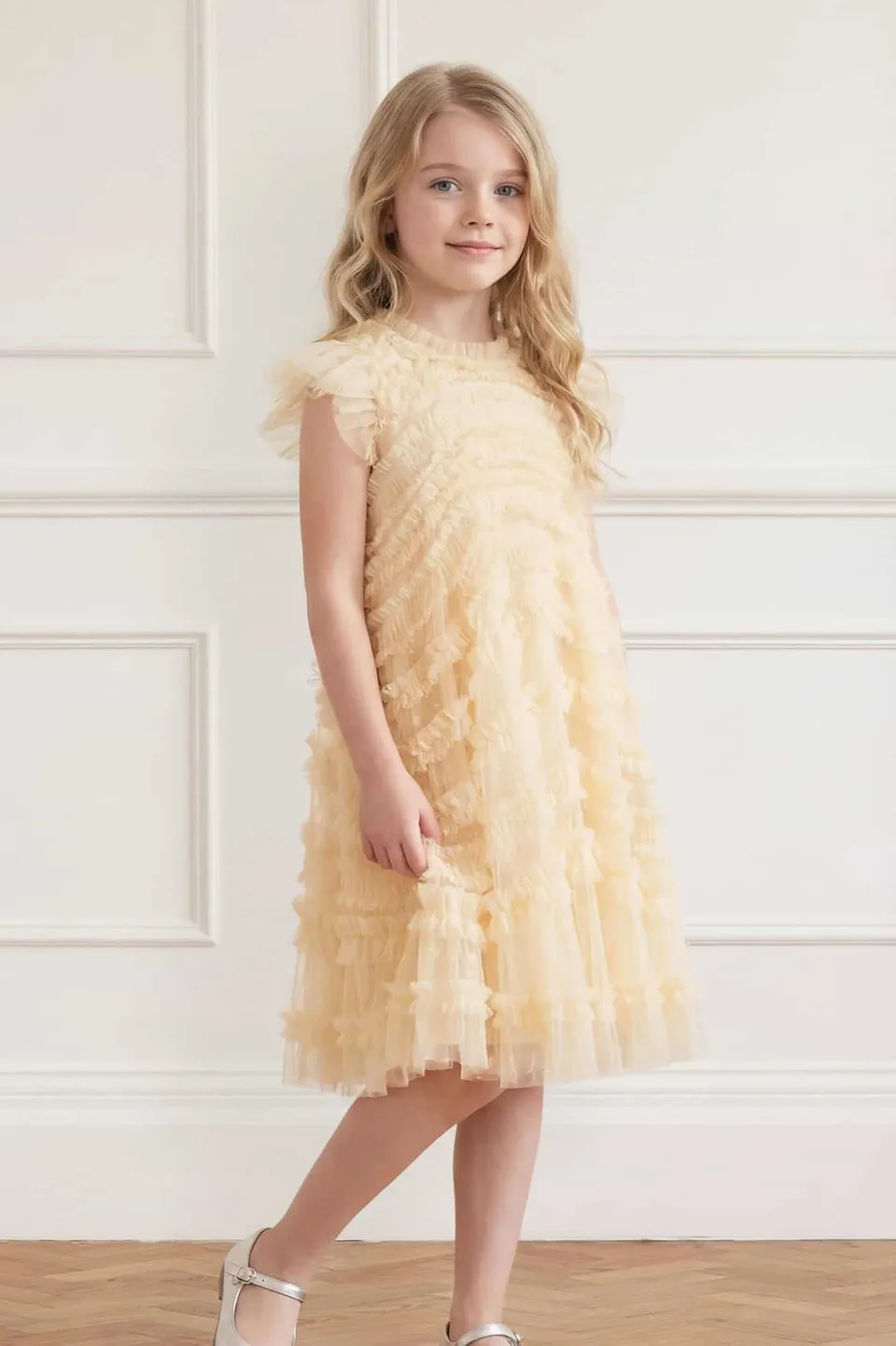 Needle & Thread Amara Ruffle Sleeve Kids Dress żółta
