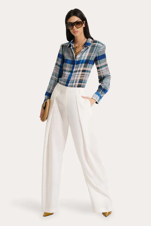 Elie Tahari Emma bluzka jedwabna w kratkę Blue Multi