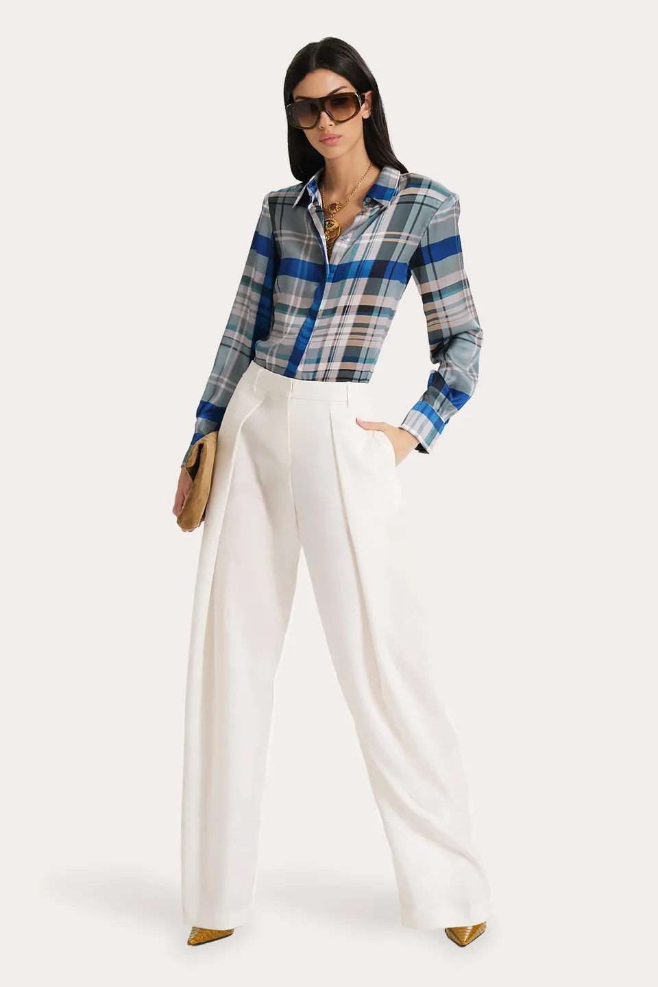 Elie Tahari Emma bluzka jedwabna w kratkę Blue Multi