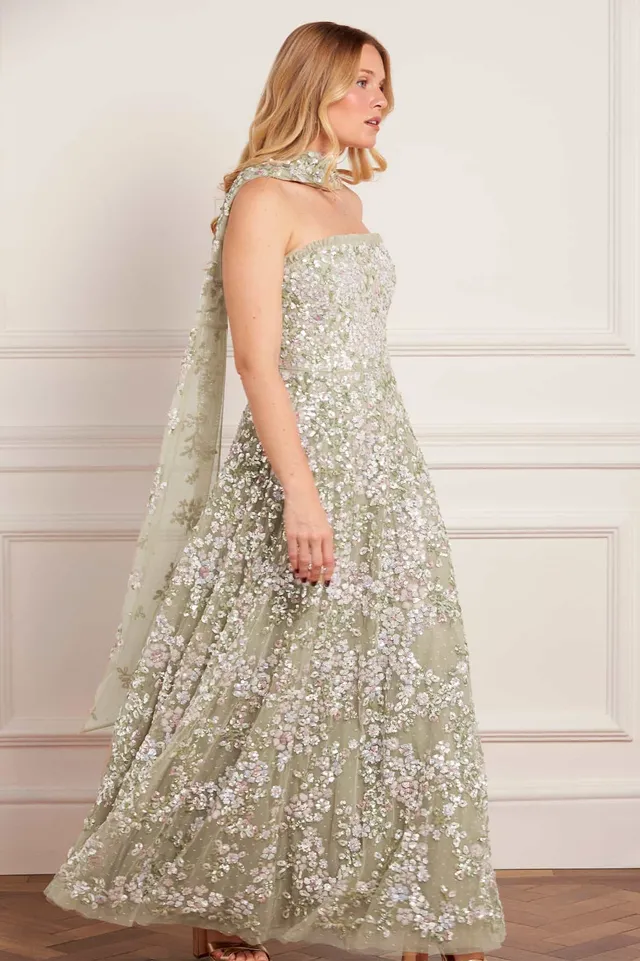 Needle & Thread Dream Garland Gown sukienka zielona bez ramiączek