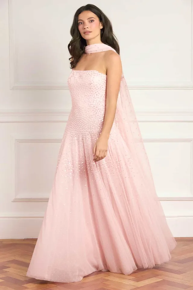 Needle & Thread Sunrise Sequin Strapless Cape Gown róż peleryna