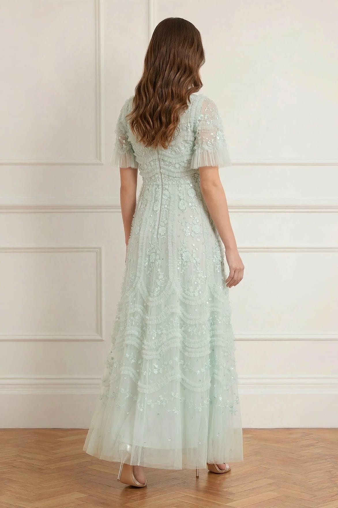 Needle & Thread Gianna Ruffle Short Sleeve Ankle Gown sukienka zielona
