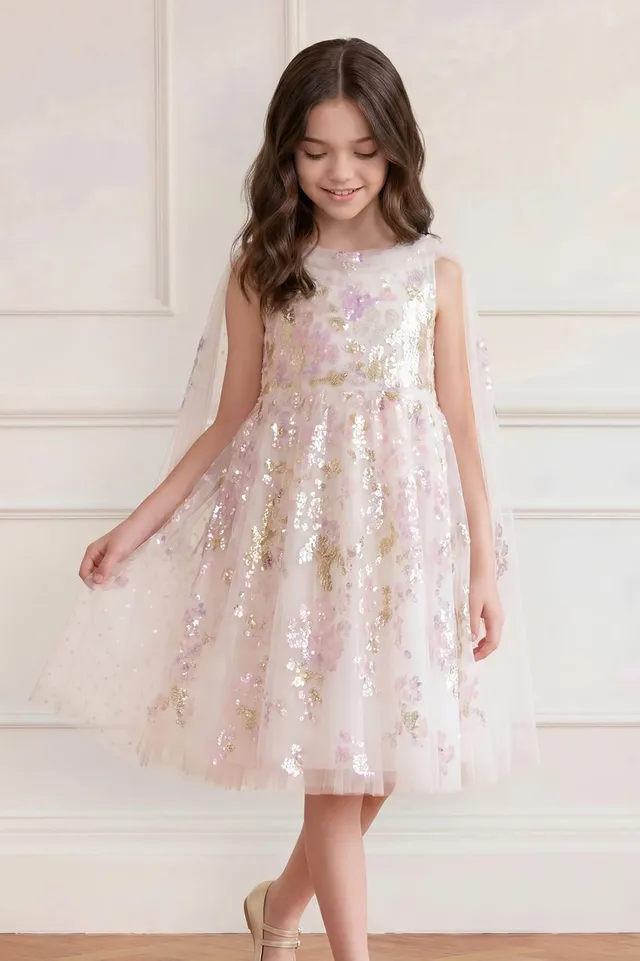 Needle & Thread Wisteria Sequin Cape sukienka dziewczęca biała