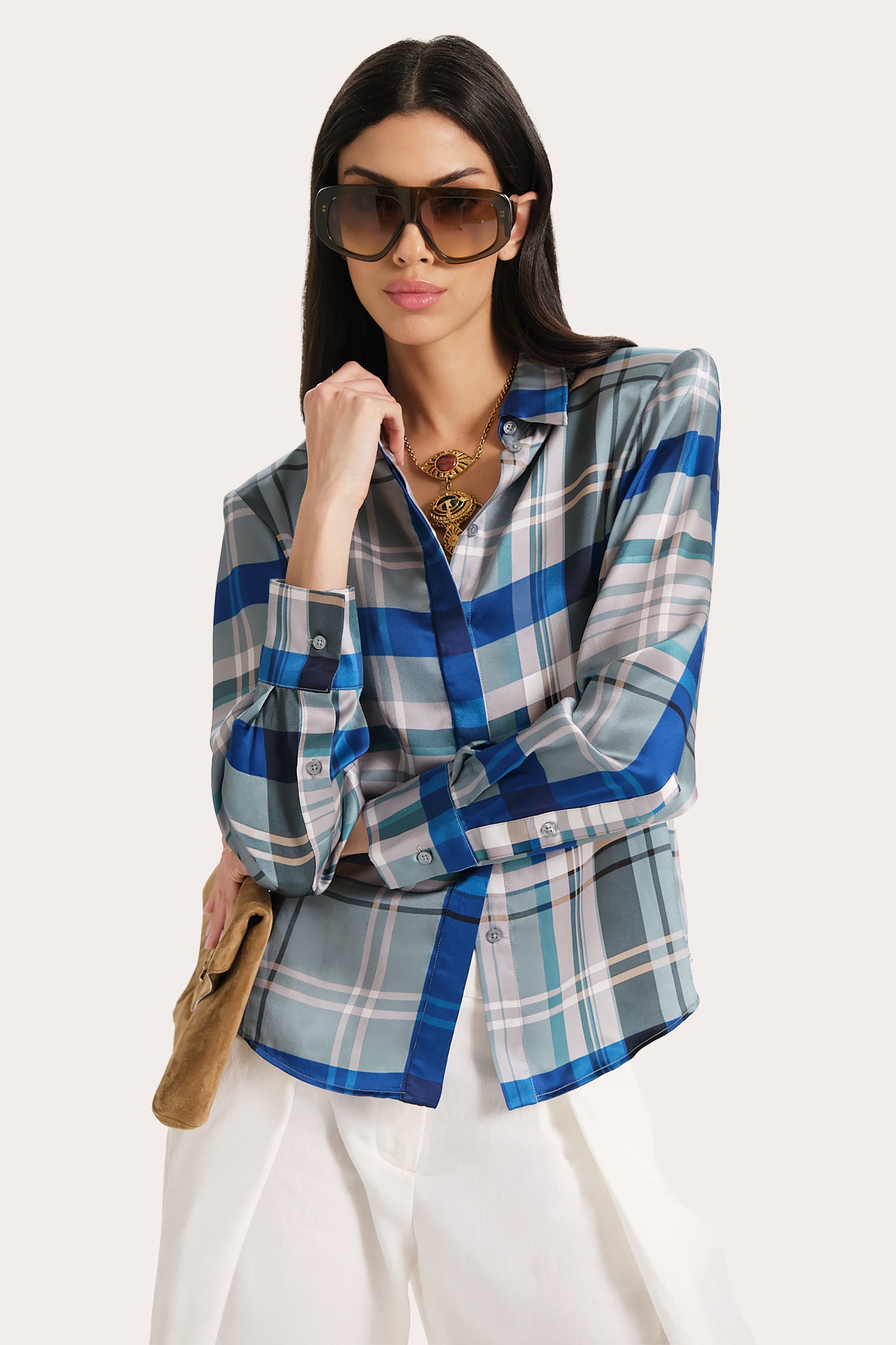 Elie Tahari Emma bluzka jedwabna w kratkę Blue Multi