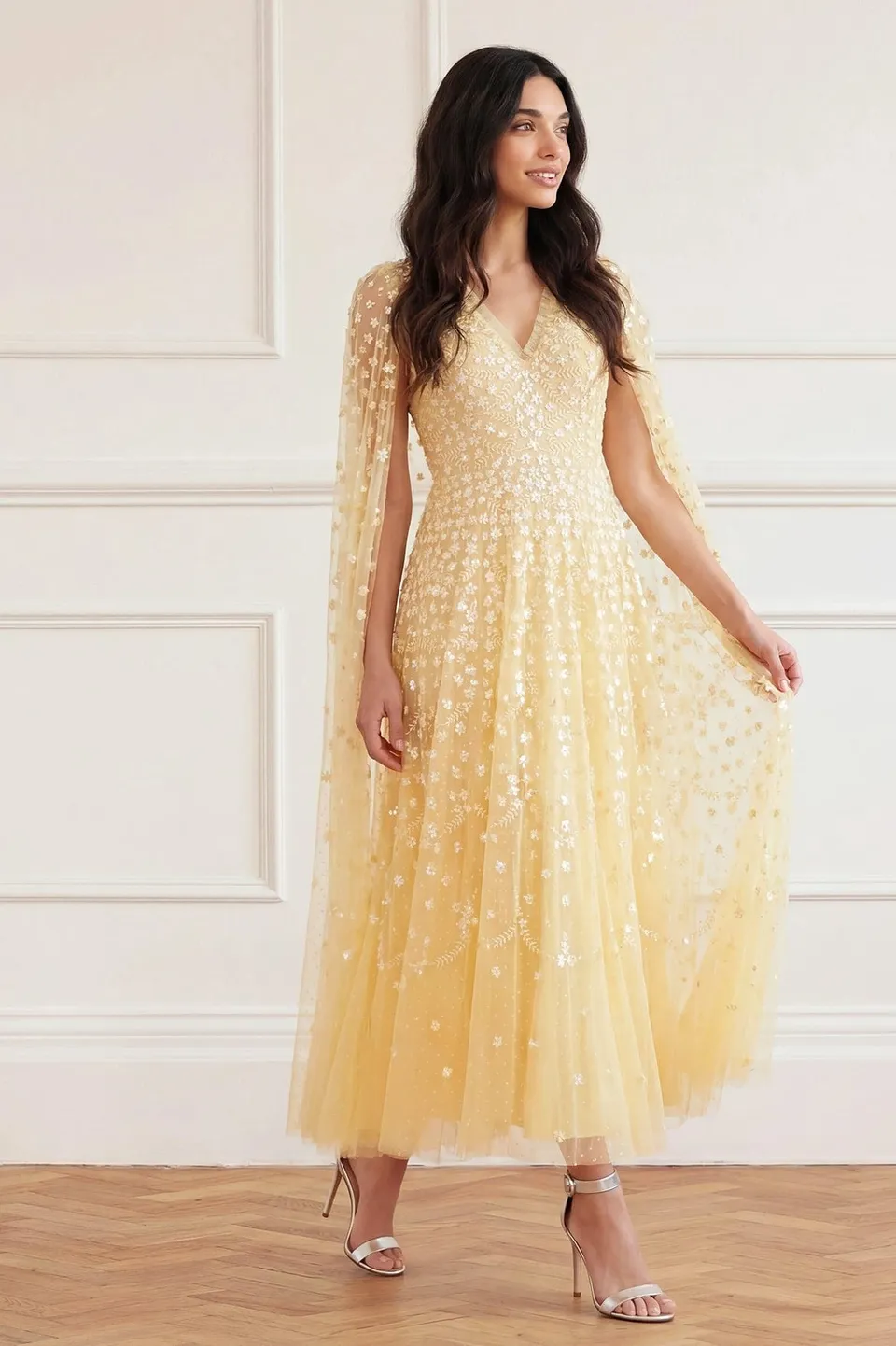 Needle & Thread Clover Cape Sleeve Ankle Gown sukienka żółta