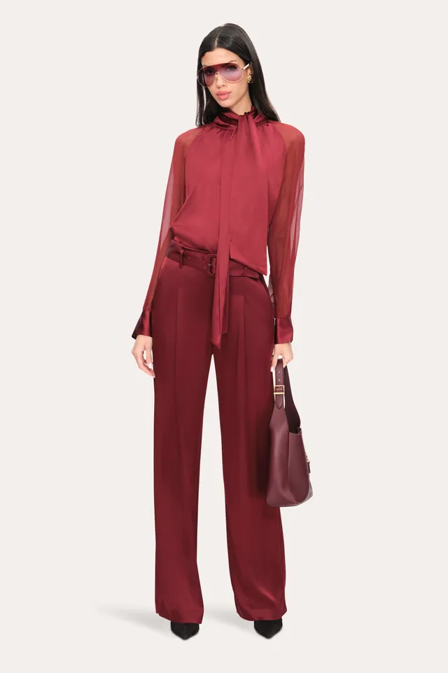 Elie Tahari Satin spodnie bordowe satynowe szerokie z paskiem