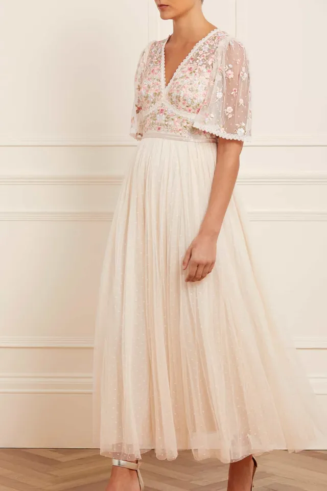 Needle & Thread Ribbon Bouquet Bodice Ankle Gown sukienka kremowa haft