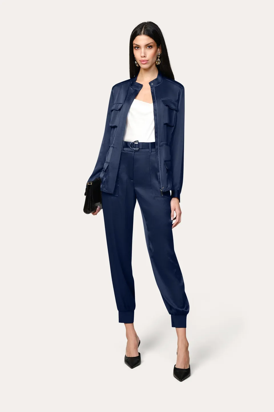 Elie Tahari Olivia spodnie cargo satynowe stargazer