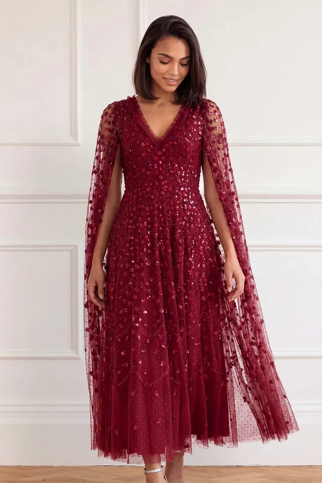 Needle & Thread Clover Cape Sleeve sukienka Red cekinowa