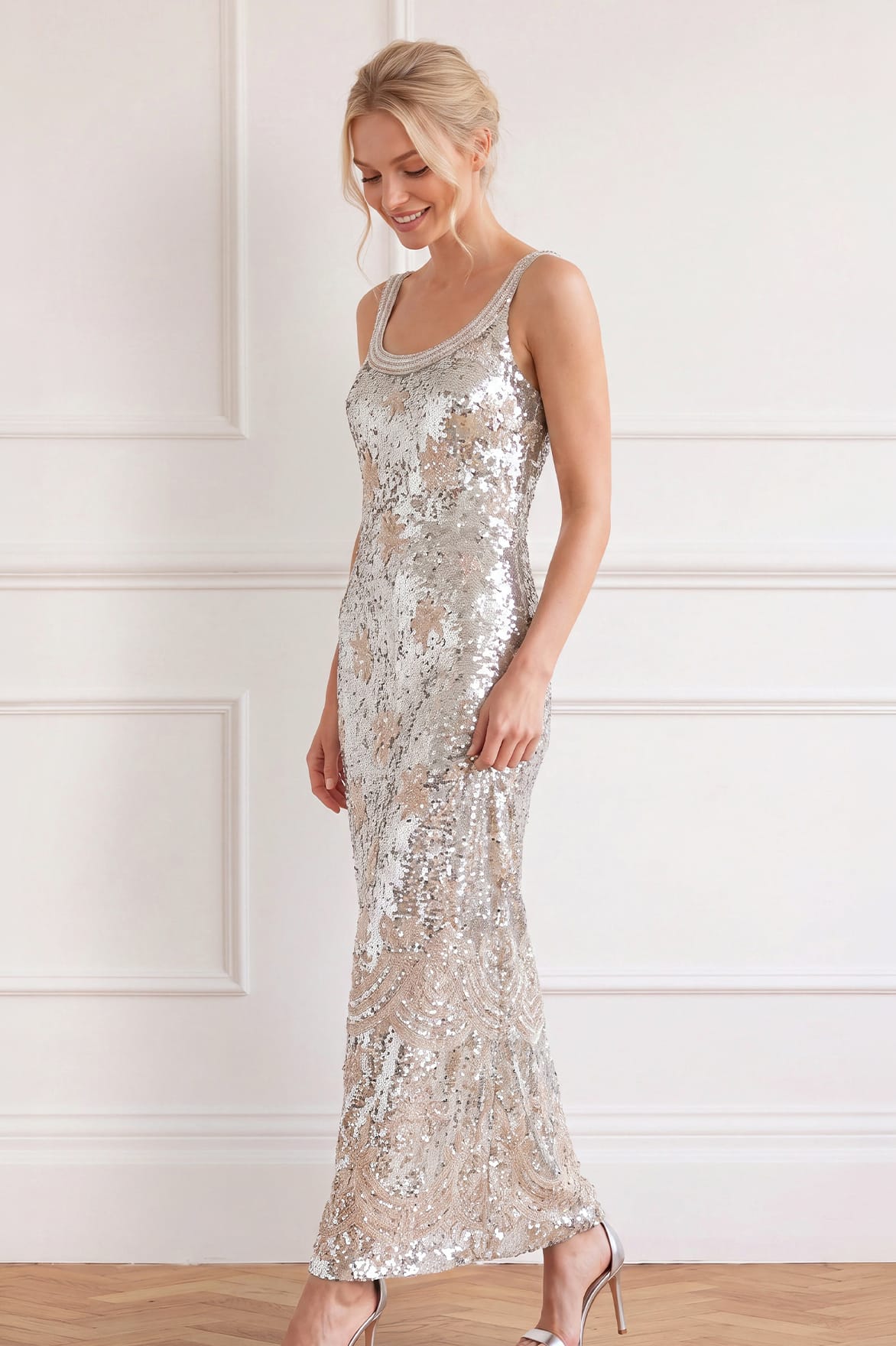 Needle & Thread Luminara Sleeveless Ankle Gown suknia srebrna