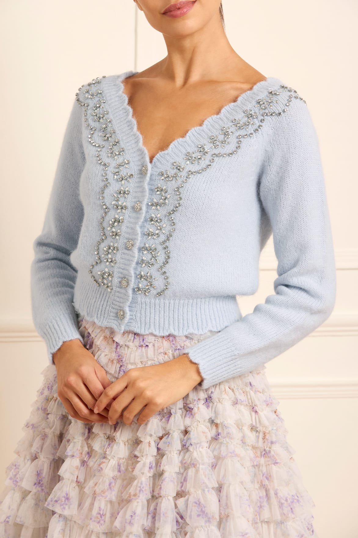 Needle & Thread Embellished V-Neck Short Cardigan sweter Blue