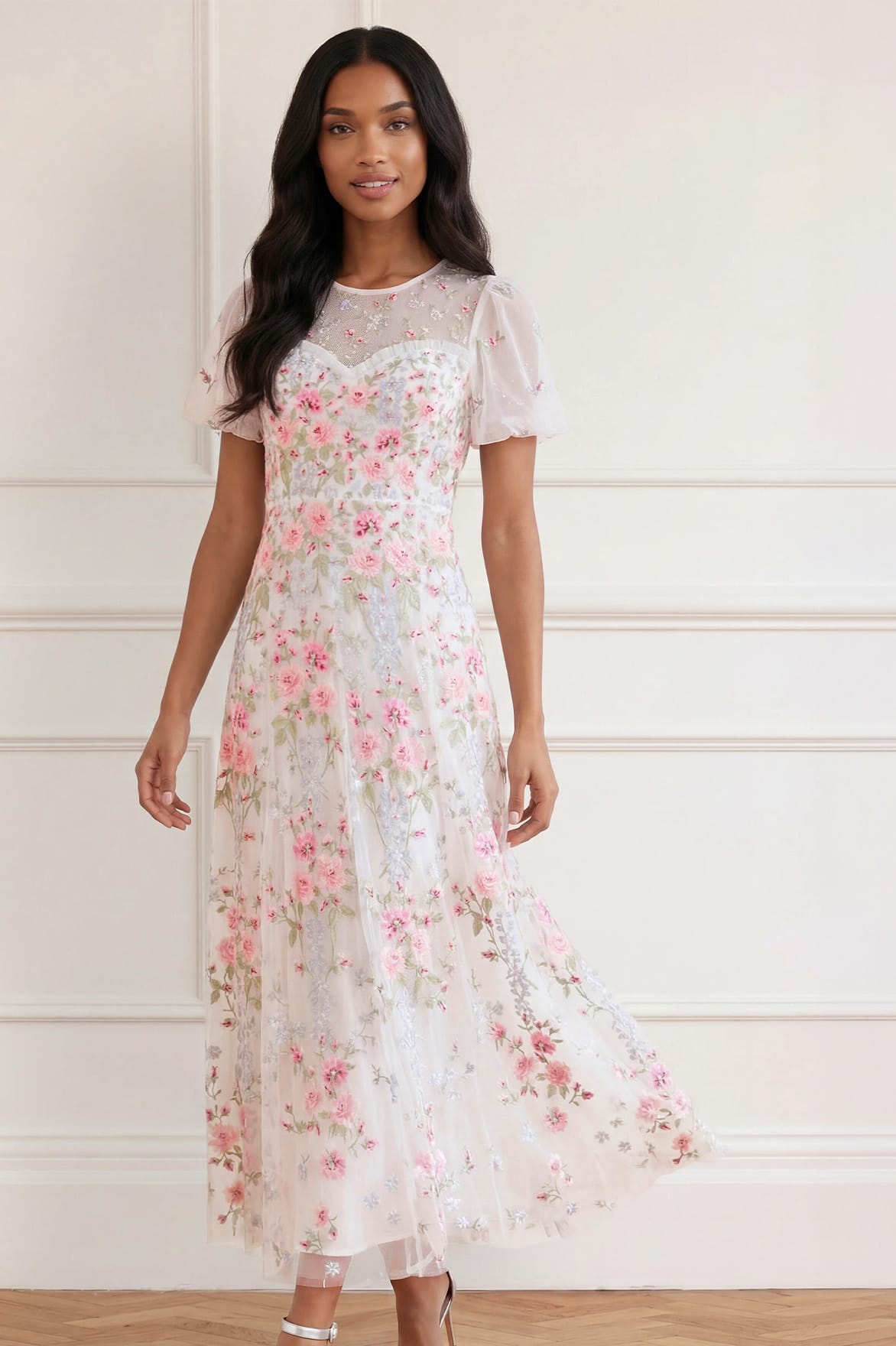 Needle & Thread Garden Rose Ankle Gown sukienka biała haft