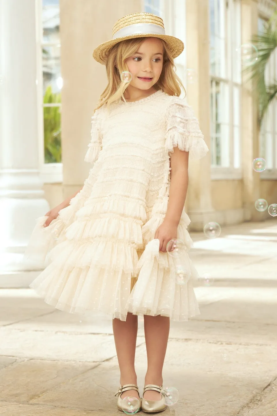 Needle & Thread Valentine Ruffle Kids Dress sukienka kremowa tiulowa
