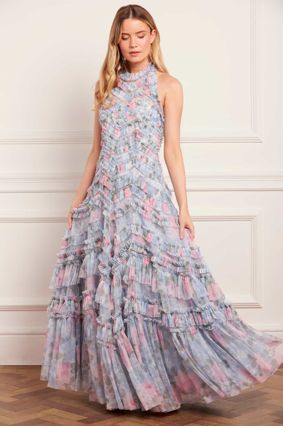 Needle & Thread Camille's Garden Elia suknia halter niebieska maxi