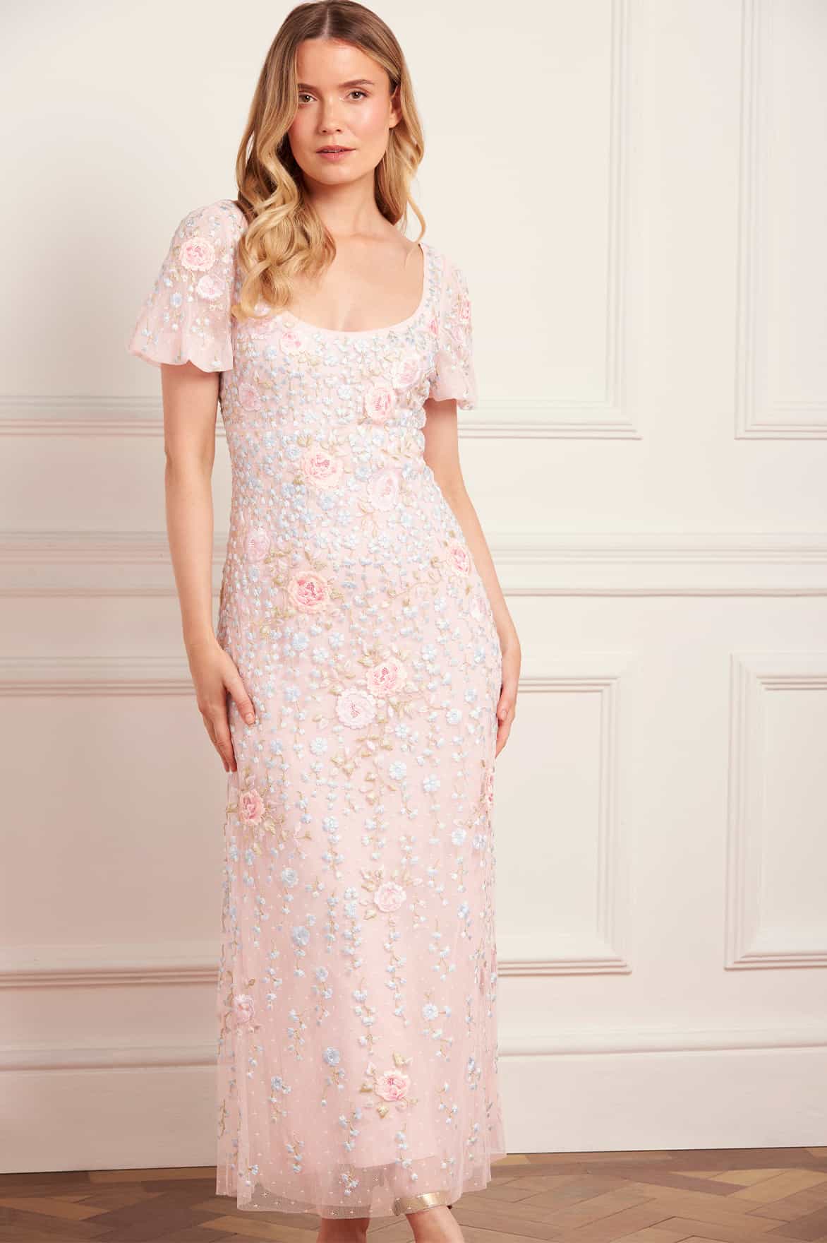 Needle & Thread Cressida Embroidery Puff Sleeve Ankle Gown sukienka róż
