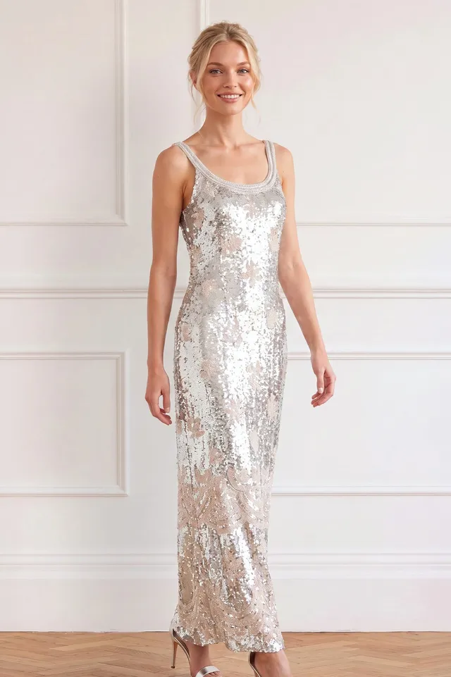Needle & Thread Luminara Sleeveless Ankle Gown suknia srebrna