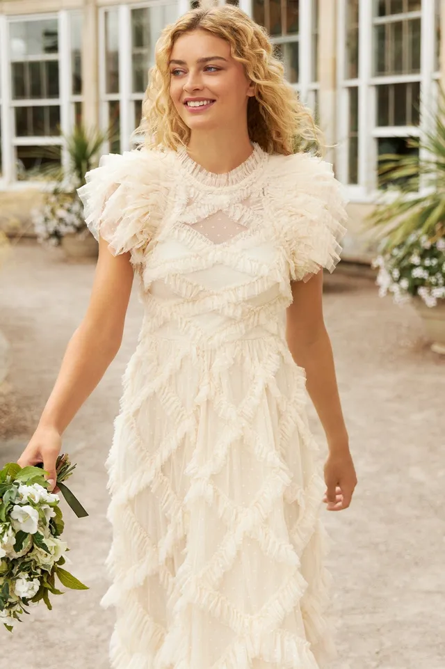 Needle & Thread Genevieve Ruffle Gown suknia kremowa tiulowa