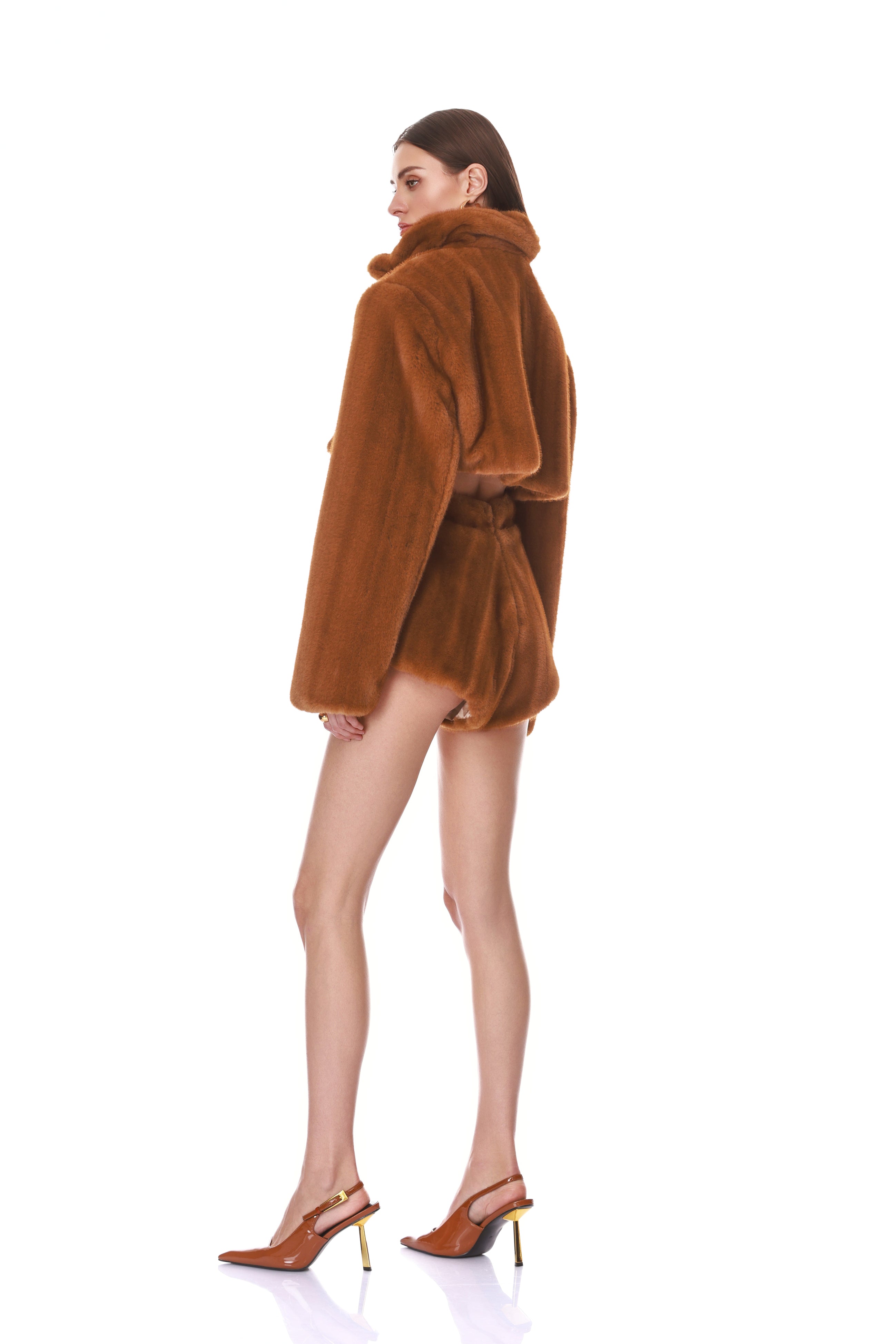 Bronx and Banco Faux Mink kurtka futrzana brązowa cropped