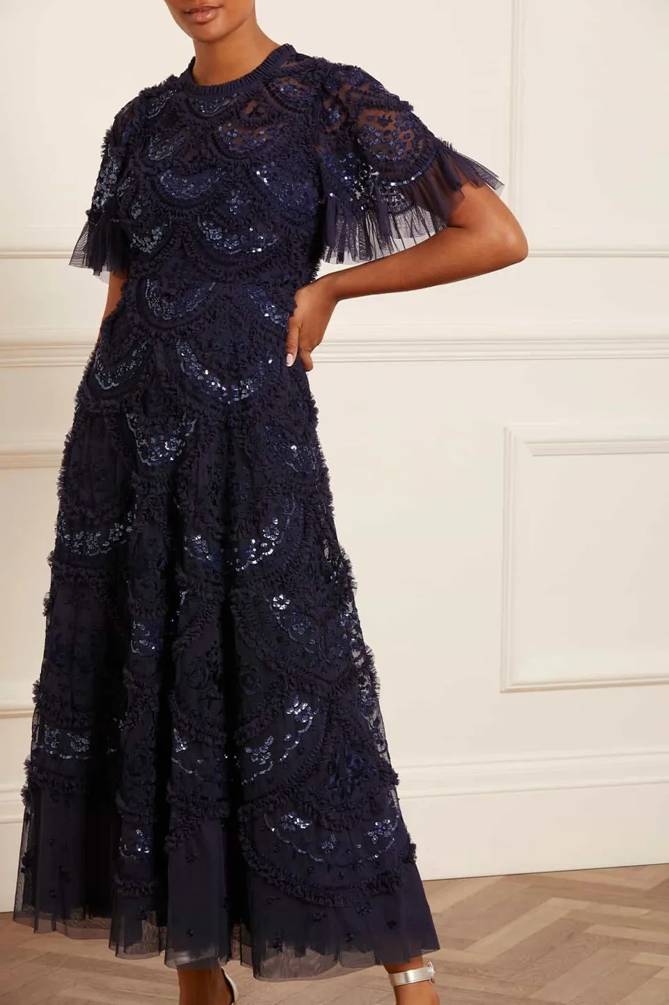Needle & Thread Carmen Ruffle Ankle Gown suknia Blue