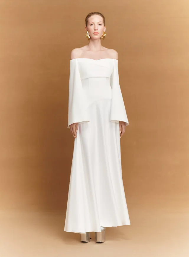 SOLACE LONDON Rina Maxi sukienka wieczorowa kremowa odkryte ramiona