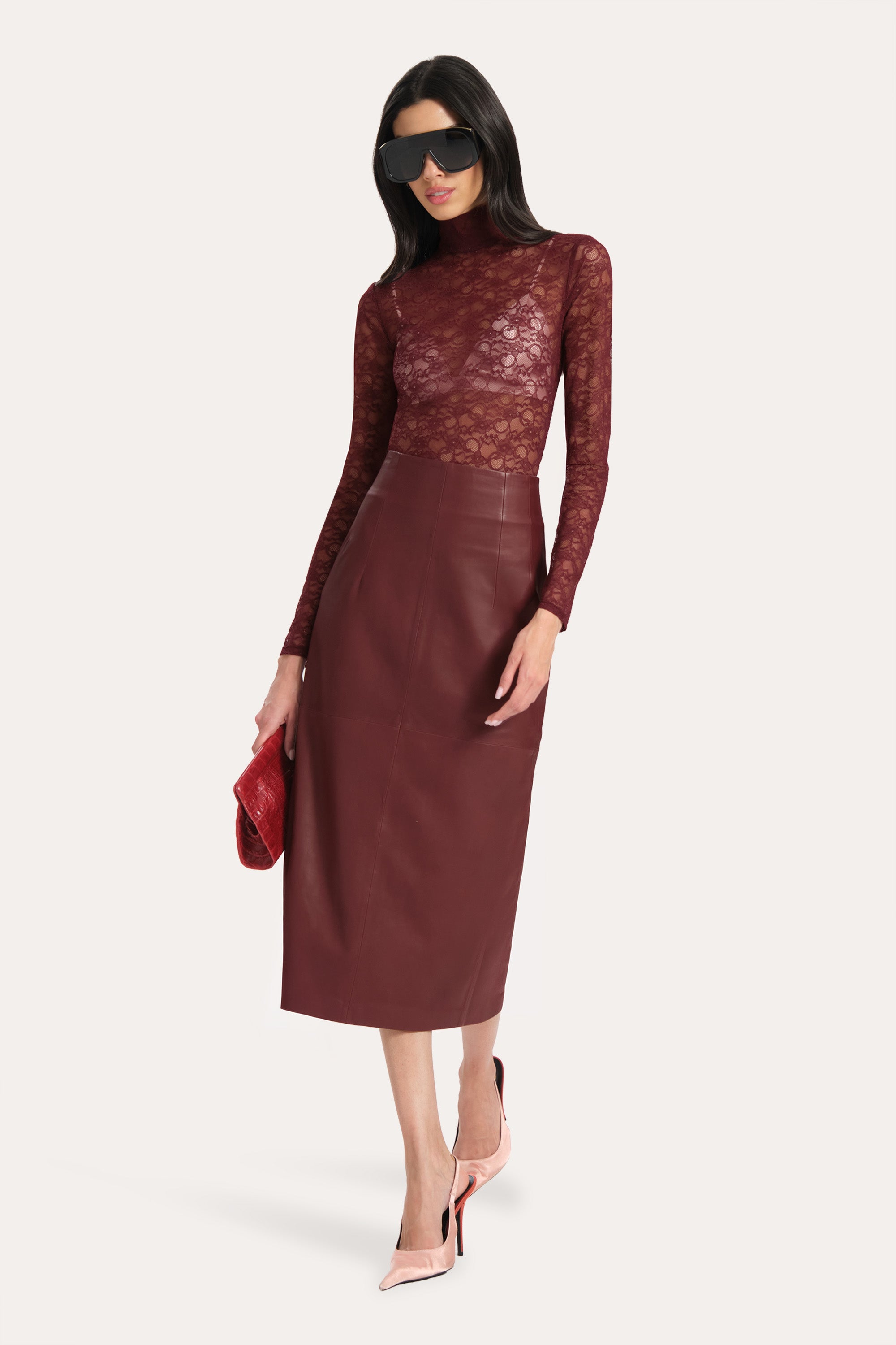 Elie Tahari Brooklyn spódnica skórzana Jester Red midi