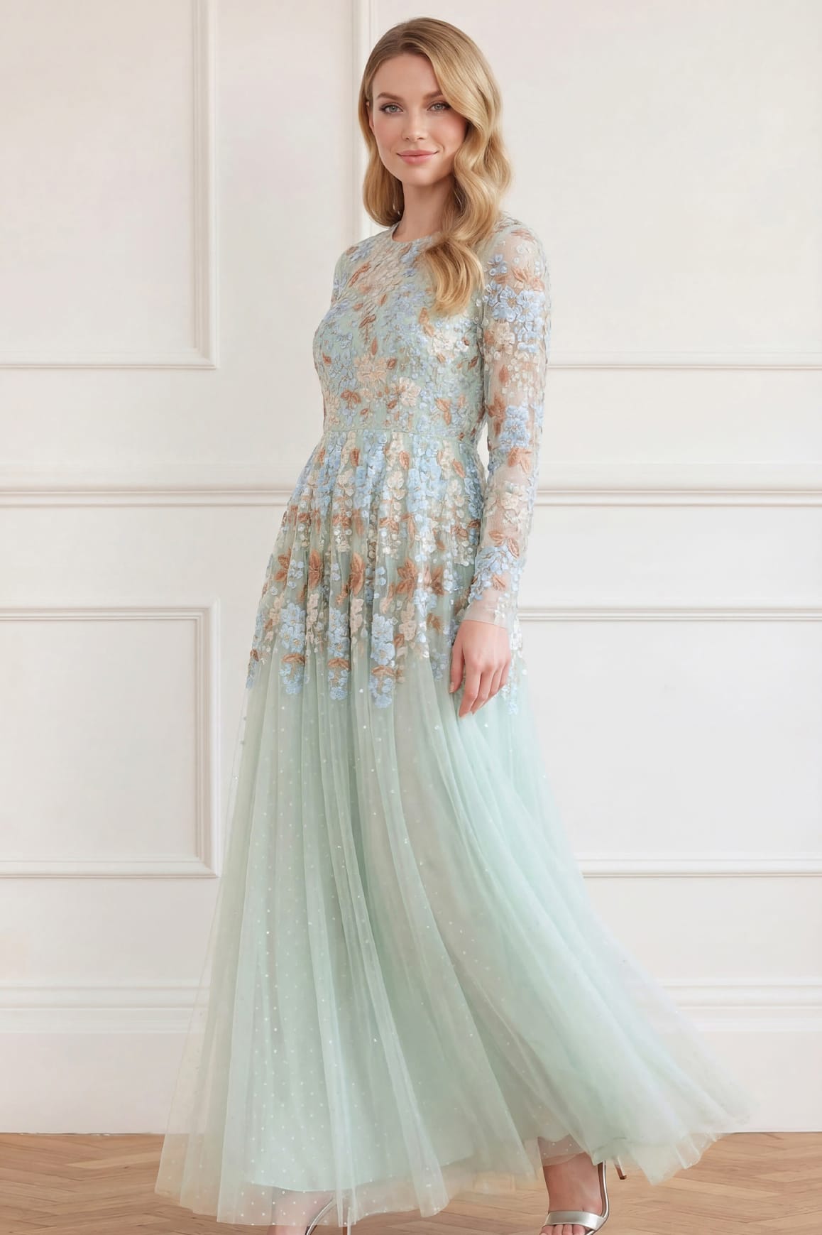 Needle & Thread Wisteria Dot Long Sleeve Gown suknia zielona