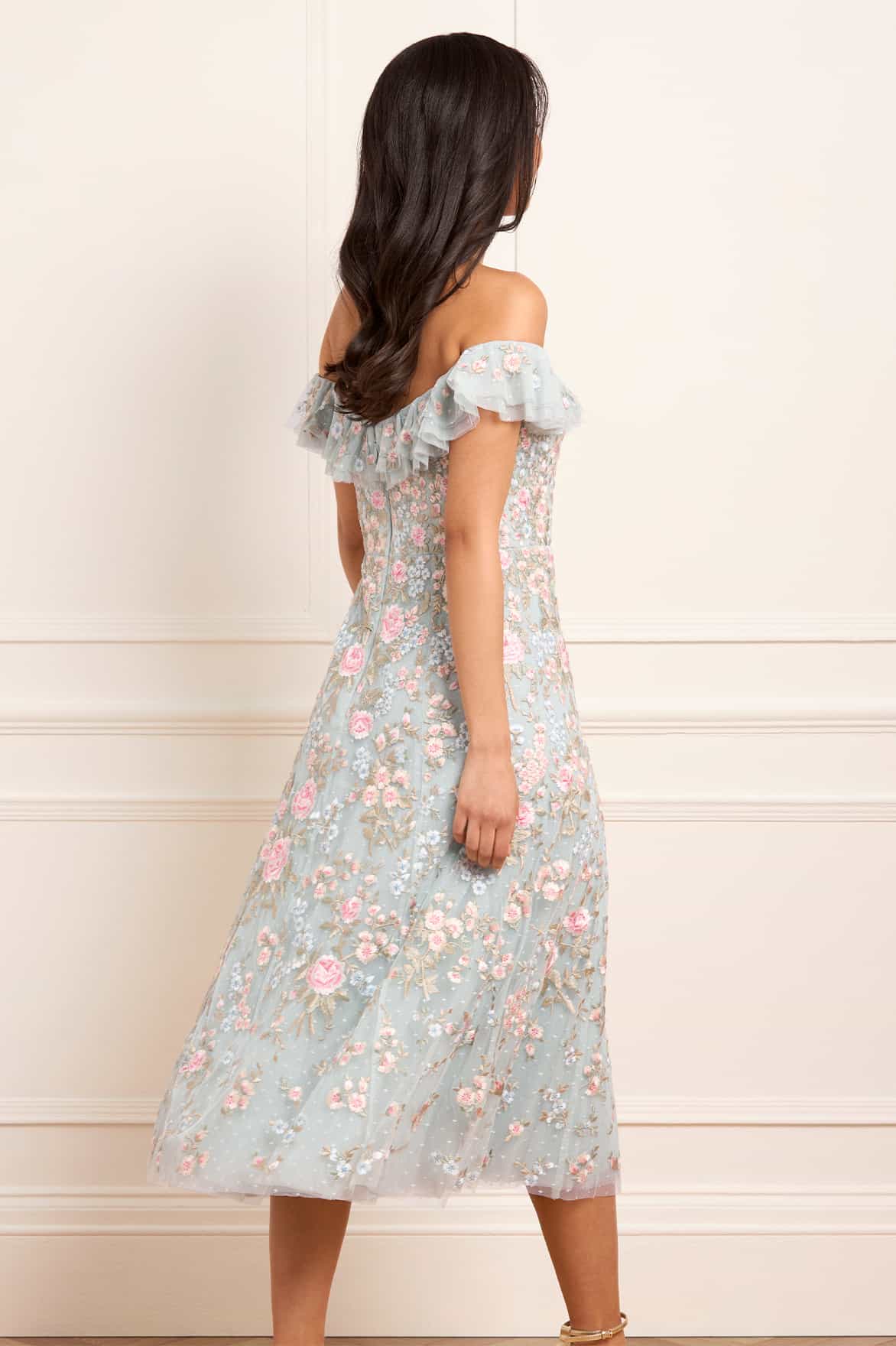 Needle & Thread Antoinettes Floral Ballerina sukienka niebieska haftowana