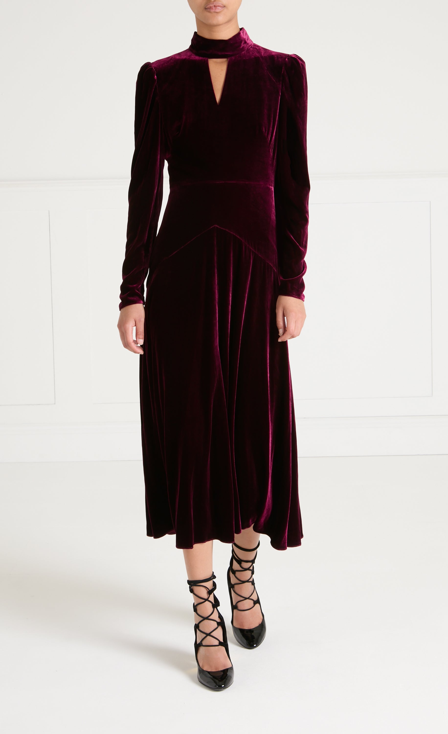 Temperley London Clarice sukienka welwetowa bordowa midi