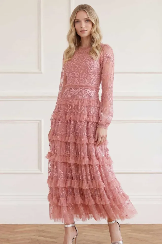 Needle & Thread Blossom Lace Ankle Gown sukienka różowa koronkowa