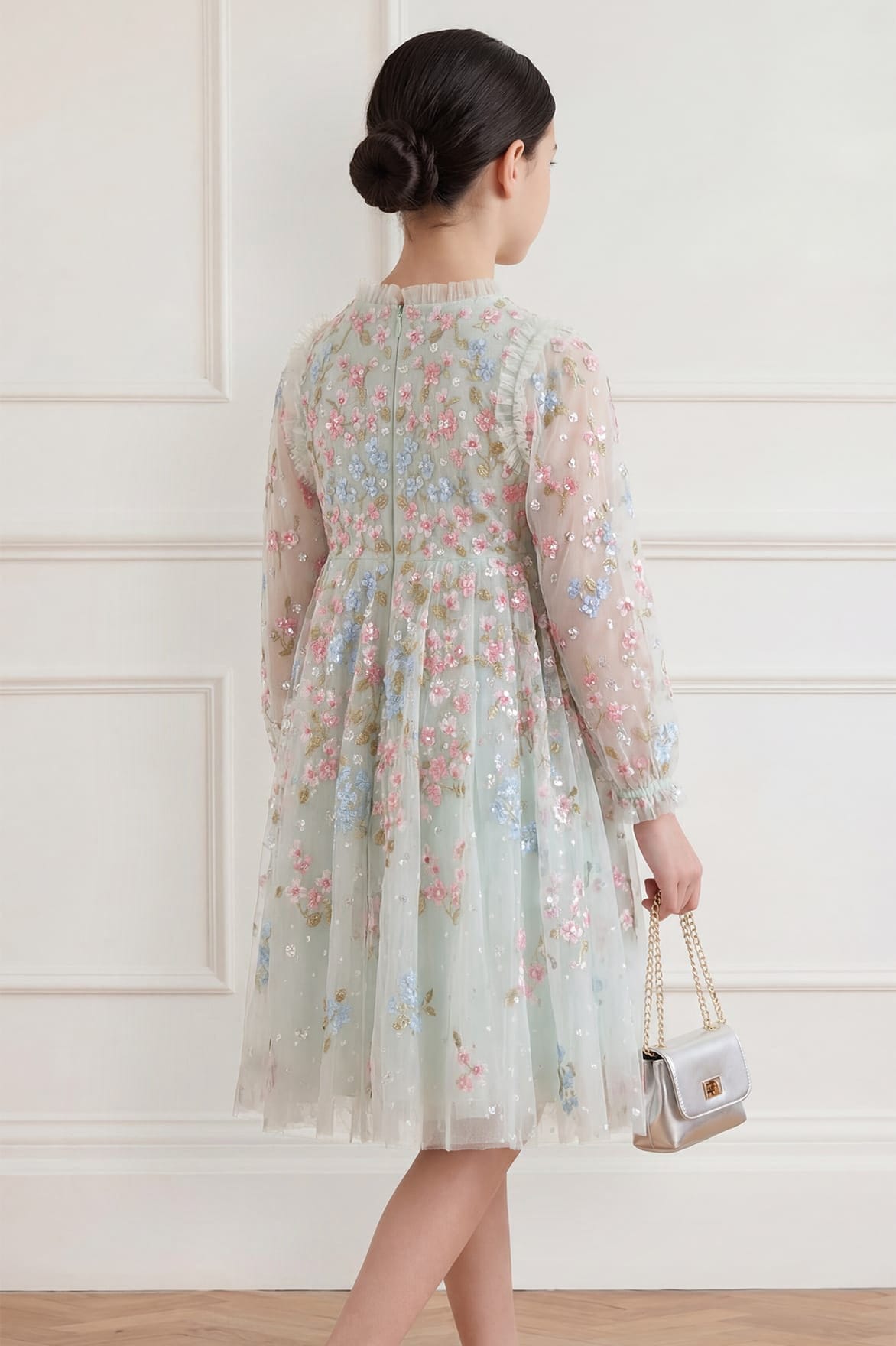 Needle & Thread Versailles Ditsy Long Sleeve Kids Dress sukienka zielona