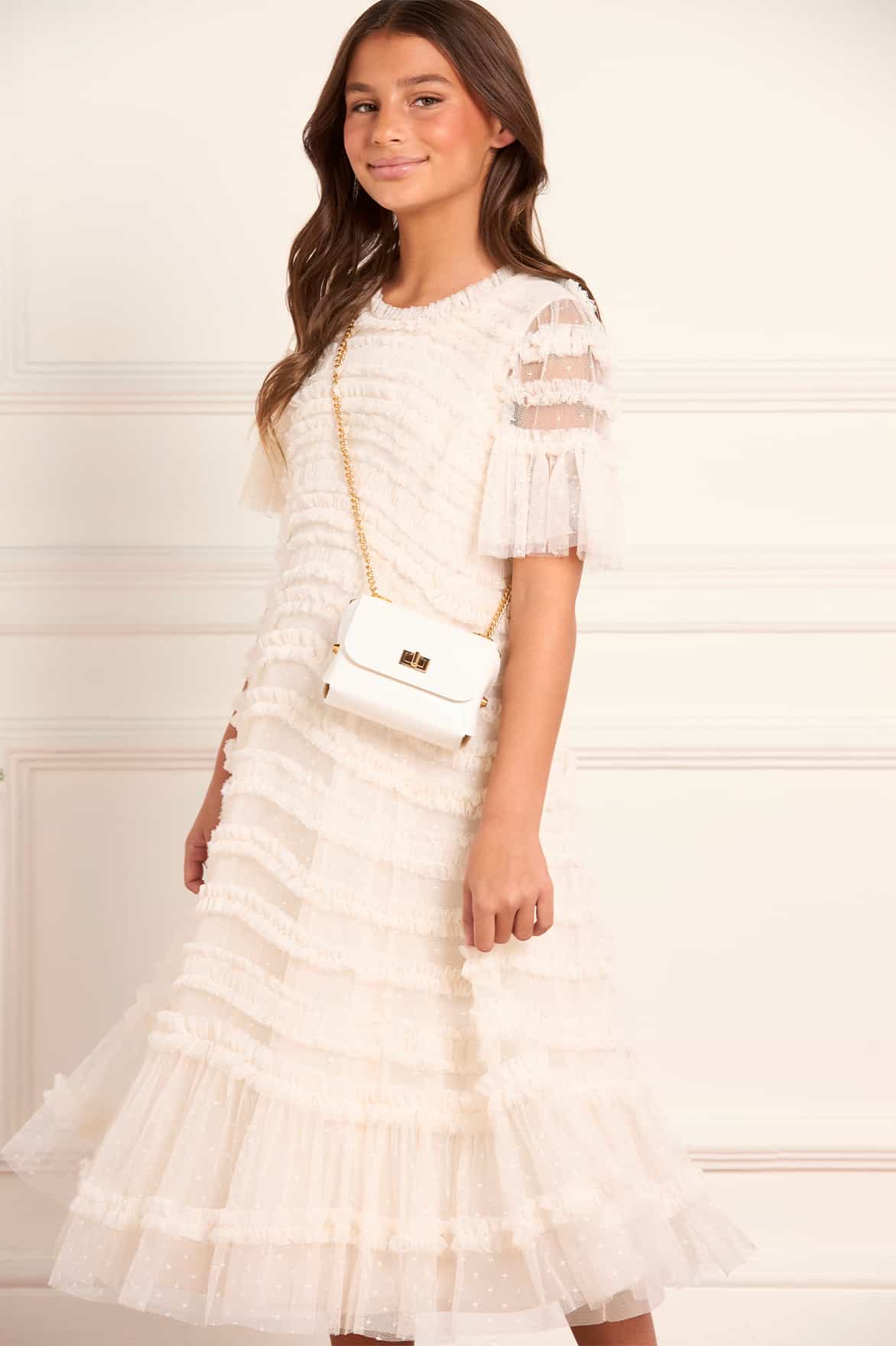 Needle & Thread Amara Ruffle sukienka kremowa z falbanami