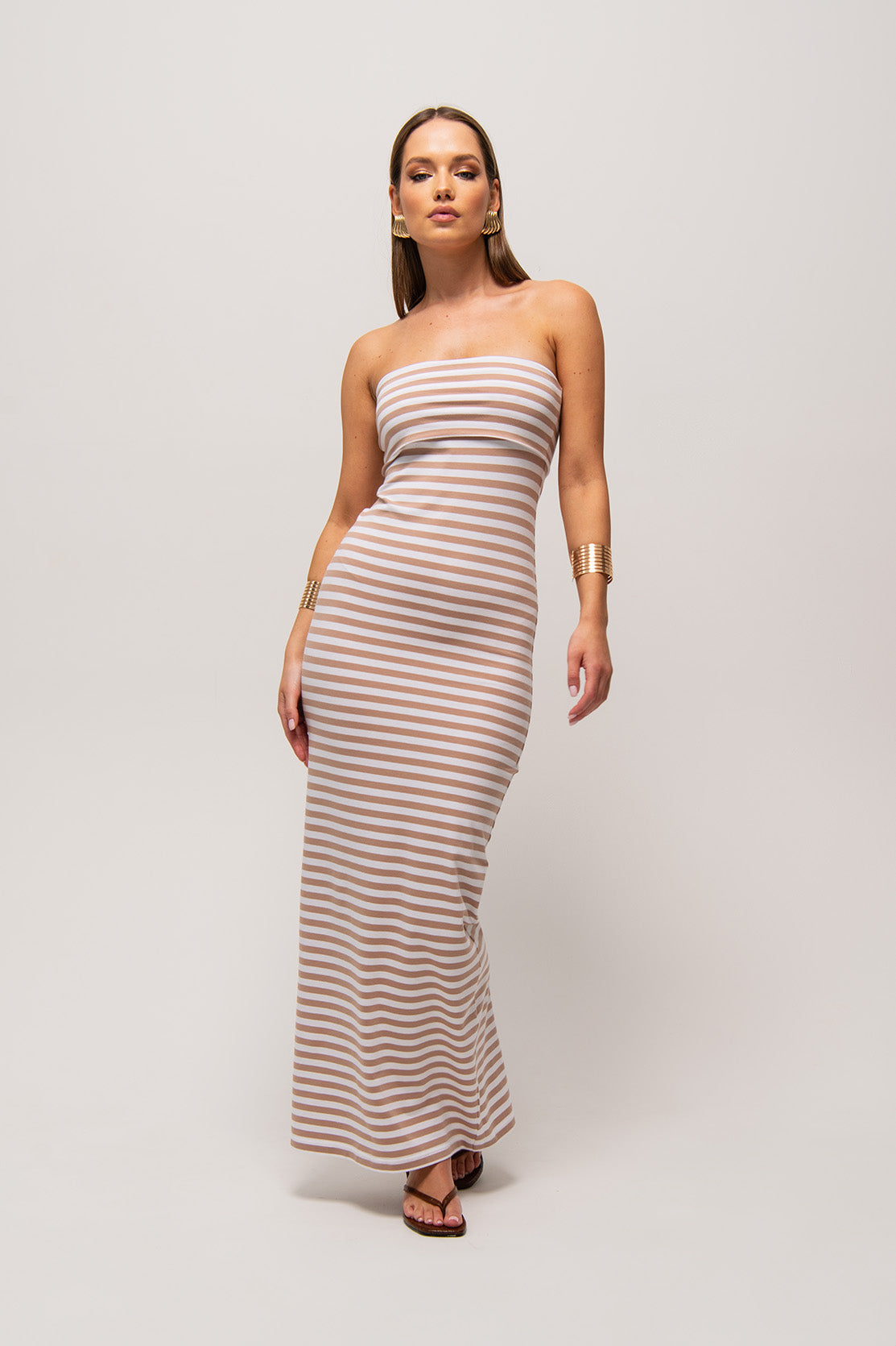 Nudyess Sandy sukienka maxi Beige Stripes bawełniana