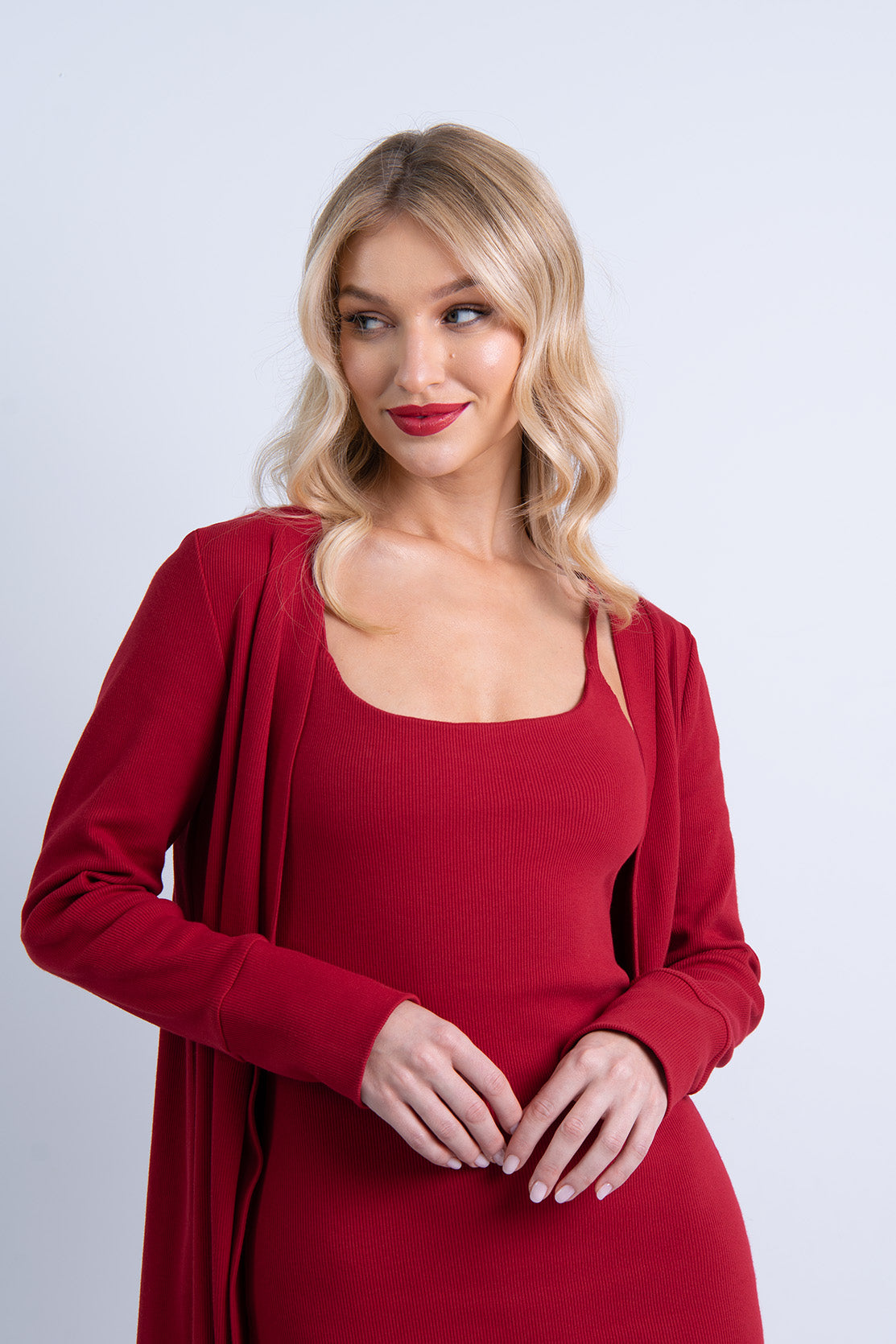 Nudyess Lily kardigan długi Red prążkowany